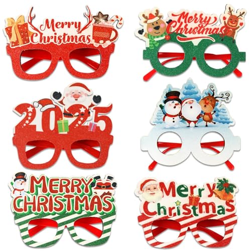 Yiurse Glitzer-Party-Brille für Weihnachten, Weihnachtsbrille, 6 x Neujahrsbrillen, Kostüm-Brillen, Urlaubsbrille, Weihnachtsmann, Schneemann, Elch, Foto-Requisiten, Partygeschenke von Yiurse