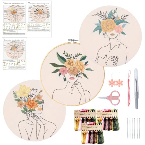 Yixhua 3 Sets Blumen- und Frauen-Stickset für Anfänger, Kreuzstich-Set für Erwachsene mit Muster, Anfänger, Handstickerei mit Anleitung (evtl. nicht in deutscher Sprache), Kunst und Handwerk für von Yixhua