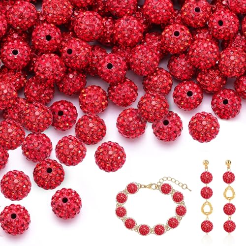 Yixinly 120 Stück 10mm Glitzerperlen zum Auffädeln, Strass Perlen zum Auffädeln Clay Beads, Perlen 10mm mit Loch für Herstellung von Halsketten, Armbändern und Ohrringen und DIY-Dekoration (Rot) von Yixinly