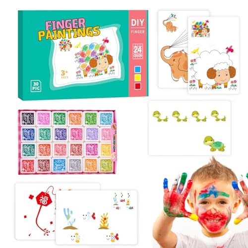 Stempelkissen Set,Yiyifor 24 Farben Stempelkissen Fingerabdrücke Ungiftig Abwaschbar Stamp Pad,Kinder Farbe Stempelkissen mit 30 Bildkarten,für Papier Handwerk Stoff Malerei DIY Geburtstag Geschenk von Yiyifor