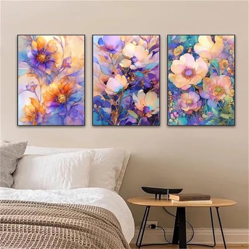 5D Diy Diamond Art Painting Kits 3 Stück Diamant Malerei Bilder Bunte Blumen Vollbohrer Stickerei Mosaik Malerei Strass Kreuzstich Kunst Handwerk Leinwand für Wand Dekorationen Quadrat 60x80 cm D2836 von Yizgrz