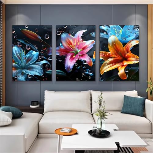 5D Diy Diamond Art Painting Kits 3 Stück Diamant Malerei Groß Bilder Lilie Vollbohrer Stickerei Mosaik Malerei Strass Kreuzstich Kunst Handwerk Leinwand für Wand Dekorationen Quadrat 80x120 cm D2600 von Yizgrz