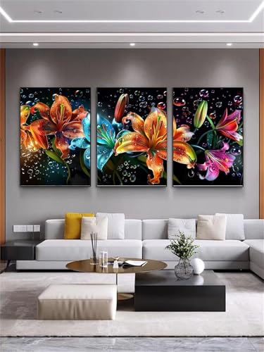 5D Diy Diamond Art Painting Kits 3 Stück Diamant Malerei Groß Bilder Lilie Vollbohrer Stickerei Mosaik Malerei Strass Kreuzstich Kunst Handwerk Leinwand für Wand Dekorationen Runden 80x120 cm D2711 von Yizgrz