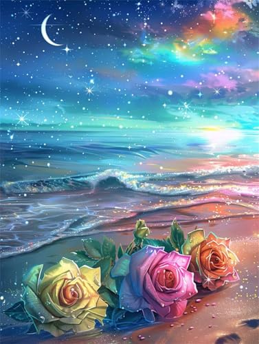 5D Diy Diamond Painting Erwachsene Kit Sternenhimmel Blumen Am Meer Diamant Malerei Groß Bilder Full Drill Cross Stickerei Set Mosaikherstellung Kinder Malen Nach Zahlen Home Decor Round 25x30cm D5959 von Yizgrz