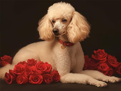 5D Diy Diamond Painting Erwachsene Kits Hund Rote Rose Diamant Malerei Groß Bilder Full Drill Cross Stickerei Sets Mosaikherstellung Kinder Malen Nach Zahlen für Home Wall Decor Square 50x70cm D7242 von Yizgrz