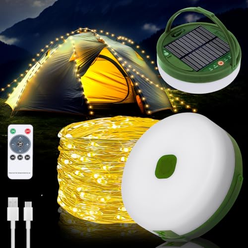 Yizhet 10m Camping Lichterkette Solar – Wiederaufladbare Outdoor LED Lichterkette mit USB, wasserdicht, tragbar, perfekt für Camping und Garten (Warmes Weiß) von Yizhet