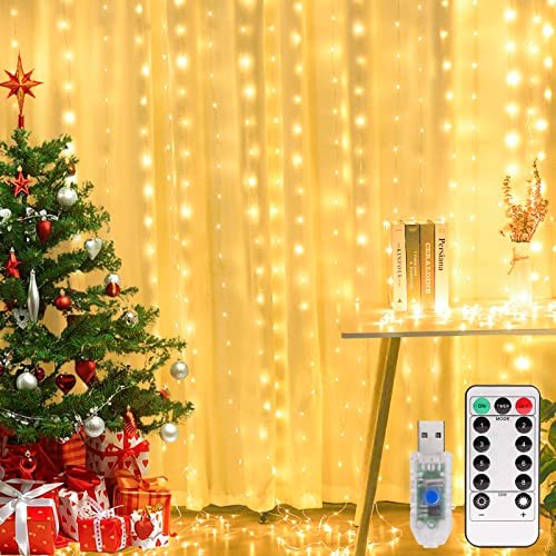 Yizhet USB Lichtervorhang Innen 3x3m【Aktualisierte Version】 Lichterketten Vorhang mit Fernbedienung Timer, 8 Modi, IP65 Wasserdicht Lichterkette Deko für Weihnachten, Fenster (300 LEDs, Warmweiß) von Yizhet