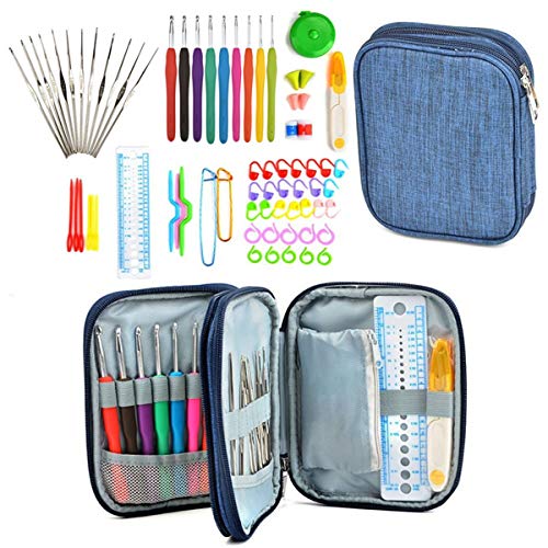 Yizunnu 72-teiliges Strickwerkzeug-Set, Strick- und Häkel-Organizer, Häkelwerkzeug-Set, Nadeln, Maschenhalter, Marker, Unpicker, Häkel-Starter-Set für Anfänger, mit Aufbewahrungstasche, Blau von Yizunnu