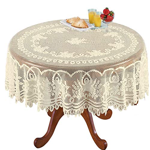 Yizunnu Beige Spitze Runde Tischtücher Waschbar Jacquard 70 Zoll Tischtuch Abendessen Tisch Decken für Hochzeit Party Restaurant Bankett Picknick Dekoration von Yizunnu