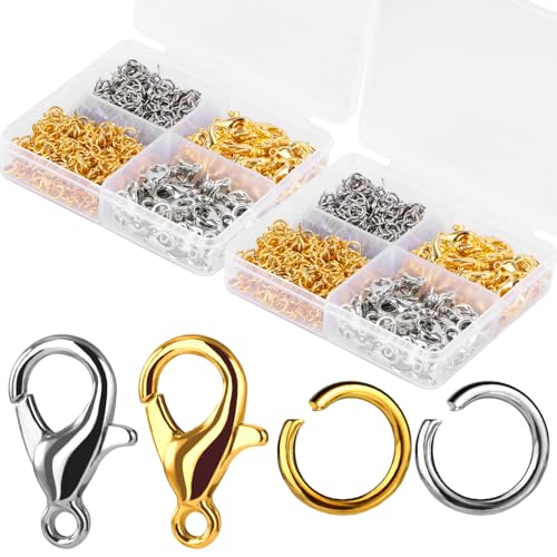 Yizzvb Karabinerverschlüsse und offene Binderinge, 1640-teilig, 2 Farben, 12 mm, Karabinerverschlüsse mit 7 x 5 mm Biegeringen, Schmuck-Set für DIY-Schmuckherstellung, Zubehör (Gold, Silber) von Yizzvb