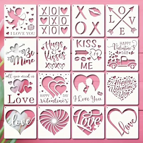 16 Stück Valentinstag Malschablonen Liebe Thema Malerei Schablone Wiederverwendbare PET Aushöhlen Leckage Druckplatte DIY Handmalerei Graffiti Spray Malerei Vorlage (13 x 13 cm) von Ylapagne