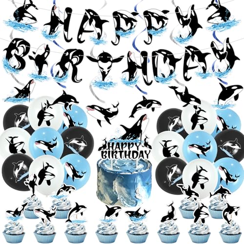 Orca Geburtstagsparty-Zubehör, Killer-Wal-Party-Dekorationen, inklusive "Happy Birthday"-Banner, Luftballons, Kuchendekoration, Cupcake-Topper, Spiralen, Wal, Geburtstagsparty-Dekorationen von Ylimaf