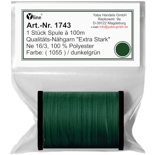 1 Stück Spule a. 100m Qualitäts - Nähgarn, Extra-Stark, Farb-Nr.1055 dunkel grün, Ne 16/3, 100% Polyester für die Nähmaschine Garn, (0,06 € / m), 1743 von Yline