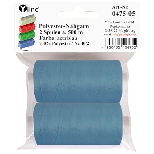 2 Spulen a. 500 m Nähgarn/Syngarn azur blau, Garn Nähfaden Polyester für die Nähmaschine,(0,06 € /10 m), 0475-05 von Yline