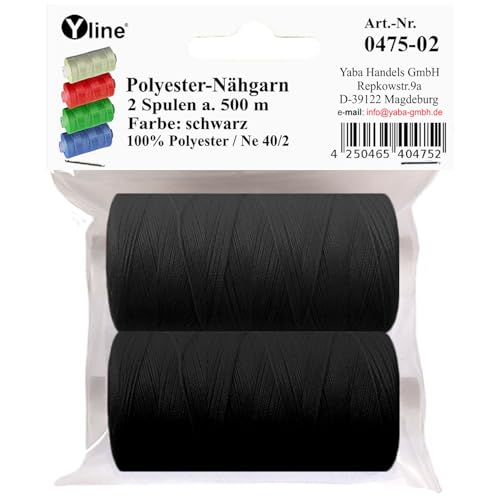 2 Spulen a. 500 m Nähgarn/Syngarn schwarz, Garn Nähfaden Polyester für die Nähmaschine, (0,06 € / 10 m), 0475-02 von Yline