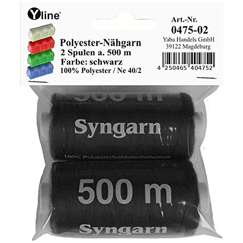 2 Spulen a. 500 m Nähgarn/Syngarn schwarz, Garn Nähfaden Polyester für die Nähmaschine, (0,06 € / 10 m), 0475-02 von Yline