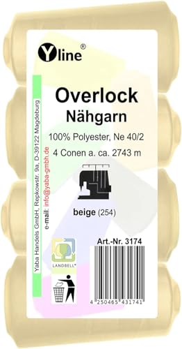 4 Stück Spulen Overlock - Nähgarn, beige, a. 2743 m, NE 40/2, 100% Polyester, Nähfaden, Nähmaschinen Garn, (0,01 € / 10 m), 3174 von Yline