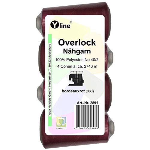 4 Stück Spulen Overlock - Nähgarn, bordeaux - rot, a. 2743 m, NE 40/2, 100% Polyester, Nähfaden, Nähmaschinen Garn, (0,01 € / 10 m), 2891 von Yline