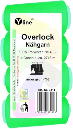 4 Stück Spulen Overlock - Nähgarn, neon grün, a. 2743 m, NE 40/2, 100% Polyester, Nähfaden, Nähmaschinen Garn, 3111 von Yline