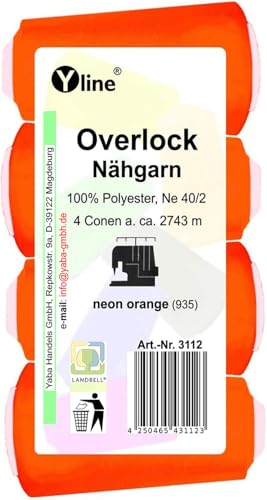 4 Stück Spulen Overlock - Nähgarn, neon orange, a. 2743 m, NE 40/2, 100% Polyester, Nähfaden, Nähmaschinen Garn, 3112 von Yline