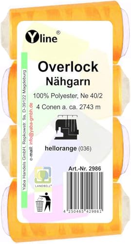 4 Stück Spulen Overlock - Nähgarn, hell - orange, a. 2743 m, NE 40/2, 100% Polyester, Nähfaden, Nähmaschinen Garn, (0,01 € / 10 m), 2986 von Yline