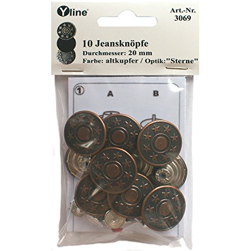 Yline 10 Jeans Knöpfe altkupfer 20 mm, Jeansknöpfe Metallknopf, Metall Knöpfe, nähfrei, im SB Pack, sl, 3069 von Yline