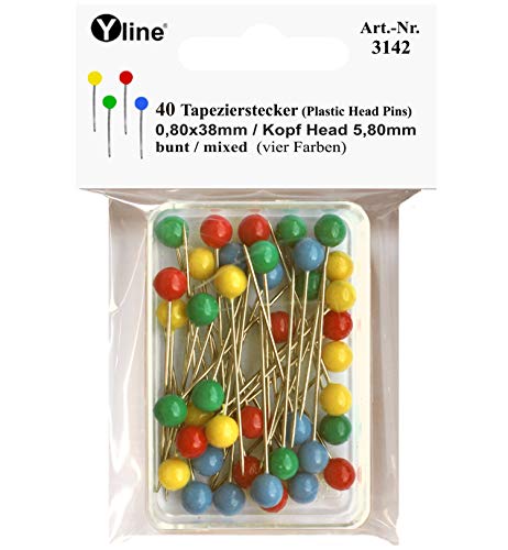 Yline 40 Stück Tapezierstecker klein mit Kunststoffkopf versch. farbig ca. 38 mm, Schmuck- Nadeln Stecknadeln, sl, 3142 von Yline