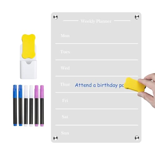 Ylnailky Transparenter magnetischer Acryl-Kalender für den Kühlschrank – wöchentlicher transparenter Mahlzeiten-Notizplaner, transparenter Erinnerungsplaner mit Radiergummi und 6 Farbmarkern für von Ylnailky