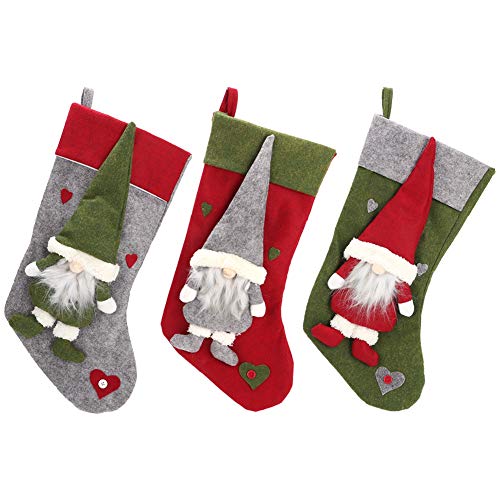 Ylwxzenith 3 Stück Weihnachtsstrumpf-Socken-Ornamente, Weihnachts-Sockentasche, Hängedekoration für Zuhause, Party, großes Fassungsvermögen, aus stabilem Vlies-Plüschstoff, Rot, Grün, Grau von Ylwxzenith