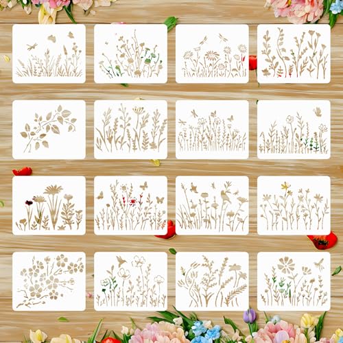 16 Stück Malerei Schablonen,Ymapinc Blumen Schablonen Wiederverwendbare Schablonen Malschablonen Wildblumen Schablonen Plant Zeichenschablone für DIY Handwerk Heimdekoration Scrapbooking von Ymapinc