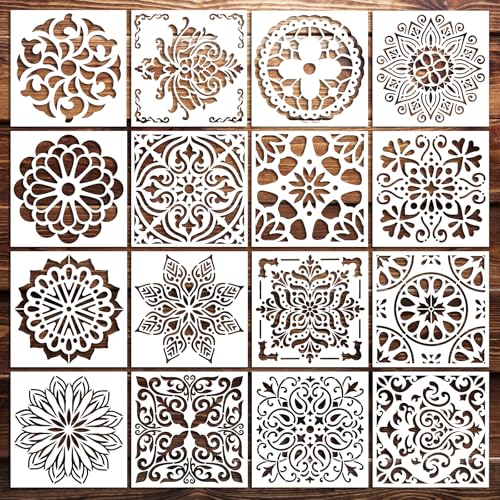 Mandala Schablone Set,Ymapinc 16 Stück Wiederverwendbare Schablonen Textilgestaltung Schablonen Blumen Schablone Laserschnitt Malschablone für DIY Handwerk Scrapbooking Malen,15x15cm von Ymapinc