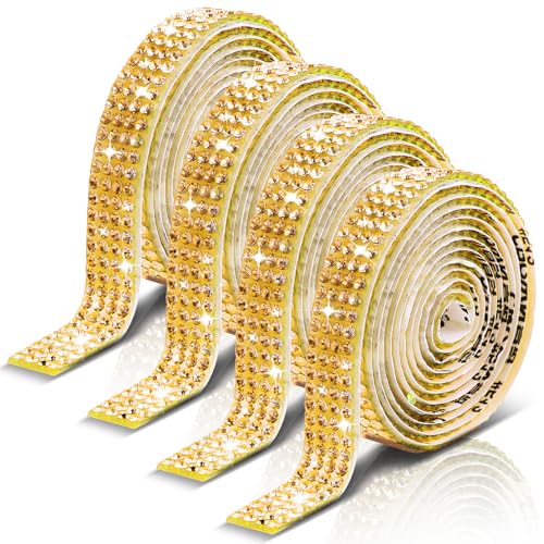 Ymapinc Gold Strassband,4 Rollen Selbstklebend Rhinestone Band 0,9cmX90cm Kristall Glitzerband 4 Reihen Pro Rolle Strass Selbstklebendes Band Diamantband für DIY Kunsthandwerk Hochzeit Geburtstag Deko von Ymapinc