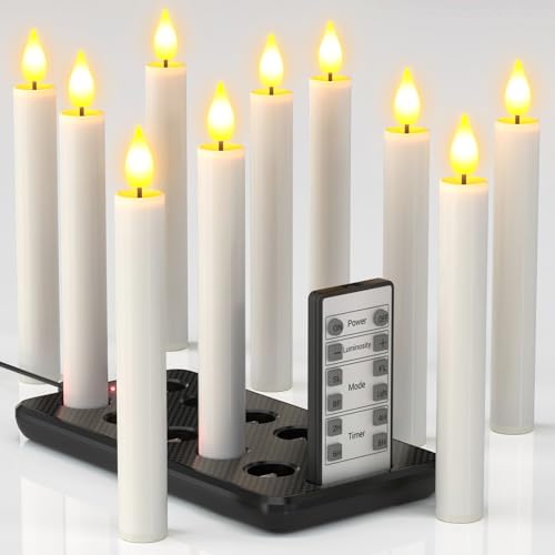 Yme 10er Set Aufladbare LED Stabkerzen mit Fernbedienung, Timer und Ladestation, Flackernde Flamme für Zuhause, Halloween, Weihnachten, Party Deko von Yme