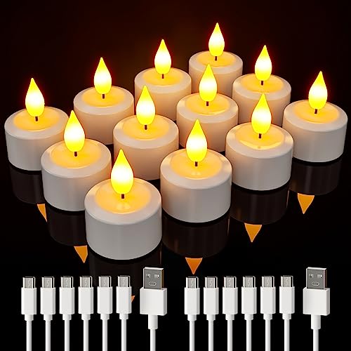 Ymenow Wiederaufladbare Teelichter, 12 Stück Elektrische LED Kerzen Aufladbar Set Flackernde Flamme mit USB-C Ladekabeln für Halloween Weihnachten Wohnzimmer Schlafzimmer Hochzeit Saisonale Deko von Ymenow