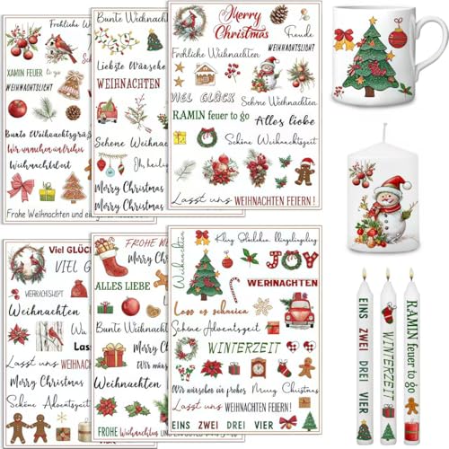 Ymoryiyi 6 PCS Kerzentattoos Weihnachten (200+ Muster) Rub on Sticker Keraflott Weihnachten Kerzentattoos Advent Kerzenfolie Kerzen Aufkleber Weihnachten für Kerzen Keramik Becher Geburtstag von Ymoryiyi