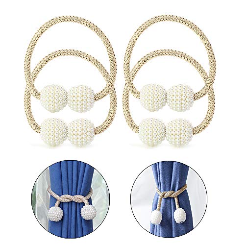 BuxiuGK 4 Stück Magnetische Vorhang Raffhalter,Perle Kugel Vorhang Clips Seil für Hause Büro Hotel Fensterdekoration,Beige von BuxiuGK