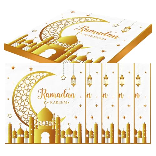 Ramadan Servietten, 24STK Ramadan Tischdeko Papierservietten, Ramadan Kareem Servietten, Gold Halbmond Stern Servietten Ramadan Partyservietten Party Zubehör, 33x33cm von Ymxil