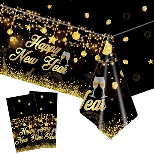 2Stk Silvester Deko Tischdecke, Happy New Year Tischdecke, Neujahr Deko Plastik Tischdecke Wasserdicht Schwarz Gold Tischdecke Silvester 2025 Neujahr Party Deko Zubehör, 137cm*274cm von Ymxil