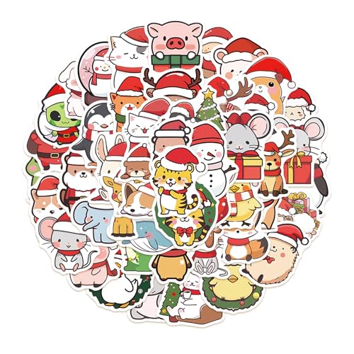 50Stk Aufkleber Weihnachten Kinder, Niedliche Tier Weihnachtssticker Wasserfest Selbstklebend Aufkleber für Kinder Weihnachtsdeko Geschenk Laptop Telefon Deko Scrapbook Tagebuch DIY, Wiederverwendbar von Ymxil