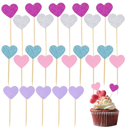 50Stk Muffin Deko Herz Cupcake Toppers, Herzen Tortendeko Glitzer Kuchen Deko Muffin Toppers für Hochzeit Geburtstag Valentinstag Deko Party Supplies (Mehrfarbig) von Ymxil