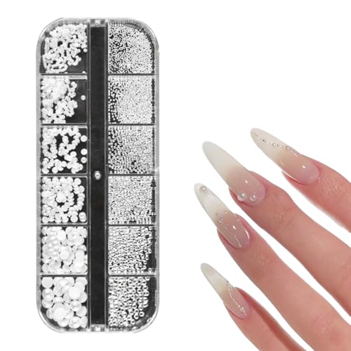 Nagel Steine 1 Schachtel, Nail Charms Nägel Weiße Perlen Strasssteine Nägel Glitzersteine Halbrunde Klein Edelstahl Perlen Nail Gems Nägel Zubehör für Damen Natural Nägel Acryl Nagel Deko von Ymxil