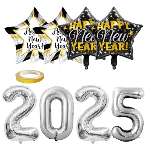 Silvester Deko 2025 Luftballon, 2025 Happy New Year Luftballons Große Sterne Folienballons, Selbstaufblasende Heliumballons Happy New Year Party Supplies (Silber) von Ymxil