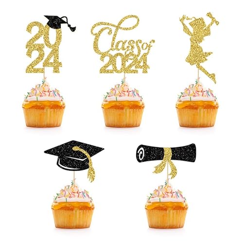 Tortendeko Graduation 2024 Glitzer Gold, 10Stk Abschluss Kuchen Deko Bachelor Hut Cake Topper Class of 2024 Graduation Cap Cupcake Topper, Girls Bachelor Master Doktor Abschlussfeier Deko Zubehör von Ymxil