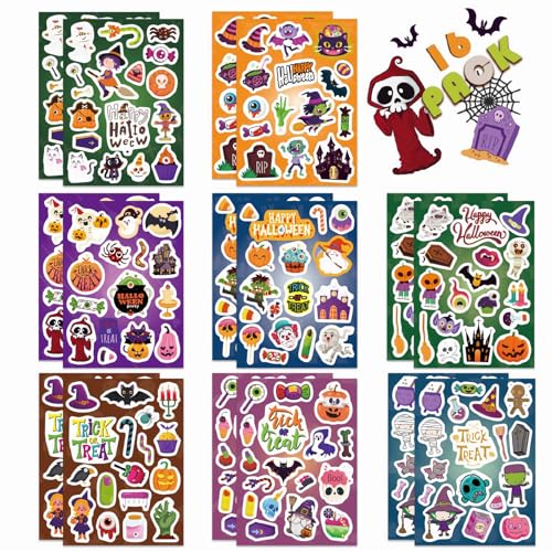 Ymxil 16 Blätter Halloween Sticker für Kinder, Halloween Party Aufkleber Hexen Schädel Sticker Kürbis Wasserflaschen Horror Party Deko Aufkleber Kinder Geschenk Tasche Füllungen Party Favors von Ymxil