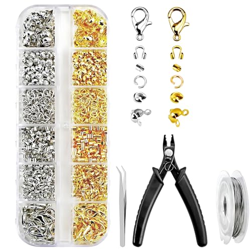 1200St Crimp Perlen Set, Armband Verschluss Quetschperlen Schmuckherstellung Set, Mixed Tube Crimp Perlen, mit Aufbewahrungsbox Pinzette Crimpzange, Gold & Silber 2 Farben, für die Schmuckherstellung. von Ynkkvre