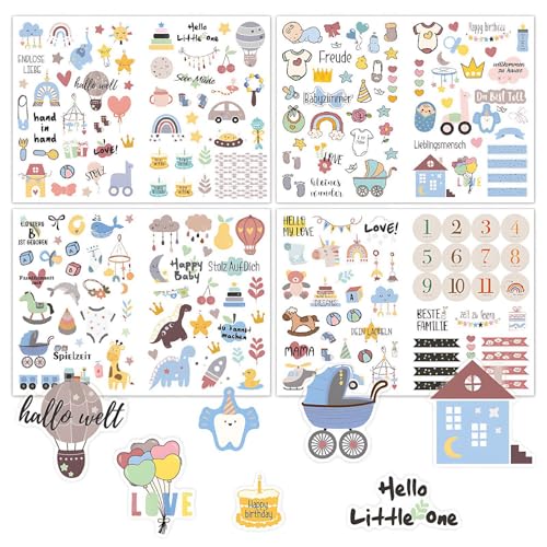 4 Stück 215 Stickers Babyalbum, Aufkleber für Kinder und Baby Fotoalben, A4 Sticker Baby Scrapbooking Mädchen & Junge, DIY Scrapbooking zum Gestalten, Kinder Party Geschenk Scrapbook Zubehör. von Ynkkvre