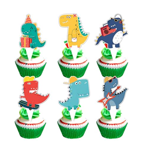 48 Stück Dino Cupcake Topper, Tortendeko Dinosaurier, Tortendeko Kuchen Topper für Kinder Junge für Geburtstag Event Party Tiere Thema Party Dekoration von Ynkkvre