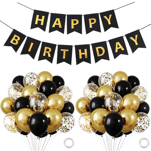 Schwarz Gold Geburtstag Dekoration, 30 Stück Happy Birthday Luftballons für Männer Frauen Mädchen Jungen Geburtstag Party Dekoration, Happy Birthday Dekorationen Kit mit Schwarz Gold Happy Birthday von Ynkkvre