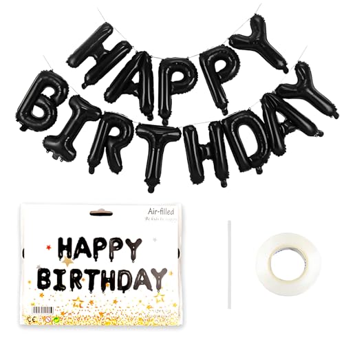 Ynkkvre 16 Zoll Happy Birthday Banner Ballon, Schwarz Selbstaufblasende Happy Birthday Wimpelkette Folienballons mit Band, Wiederverwendbare Happy Birthday Ballons für Männer Frauen Geburtstag Party von Ynkkvre