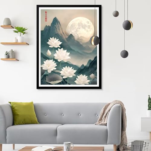 5D Diamond Painting Erwachsene Groß XXL Lotus Diamond Painting, Diamond Painting Set Mond, DIY Mosaik Bastelset Erwachsene mit Diamond Painting Zubehör, Zimmer Deko Aesthetic Geschenk 60x80CM SF-629 von Ynulann